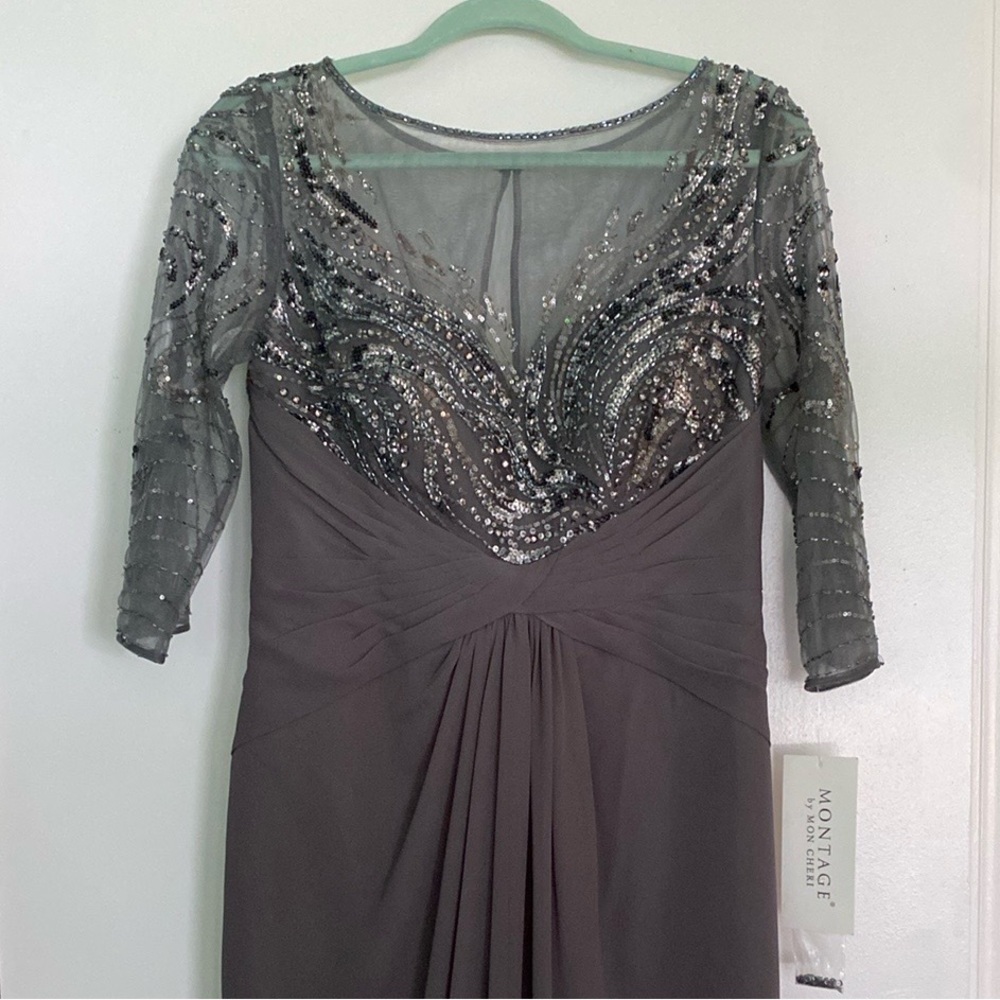 Montage by Mon Cheri Gray Long Sleeve Beaded Evening Dress